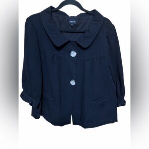 Fantazia Women's Large Cropped Black Pea Coat, Peter Pan Collar, Clown Buttons.